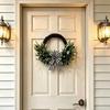 Artificial Lamb Ear Wreath Faux Greenery Leaves Rattan Wreath with Striped Bow Spring Farmhouse Hanging Decor for Front Door Wall Holiday Party