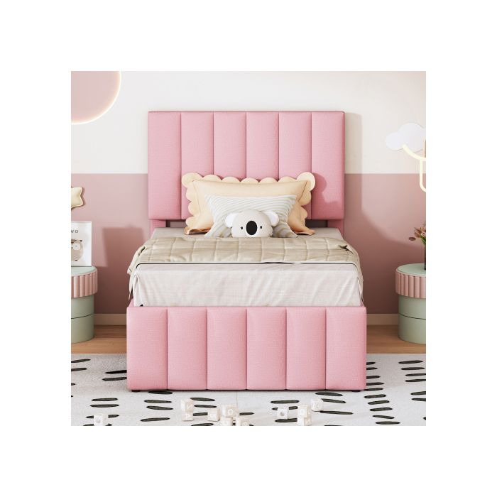 Lit rembourré - MUVOE - 90 x 200 cm - Rose - Avec tiroirs - Design classique et élégant