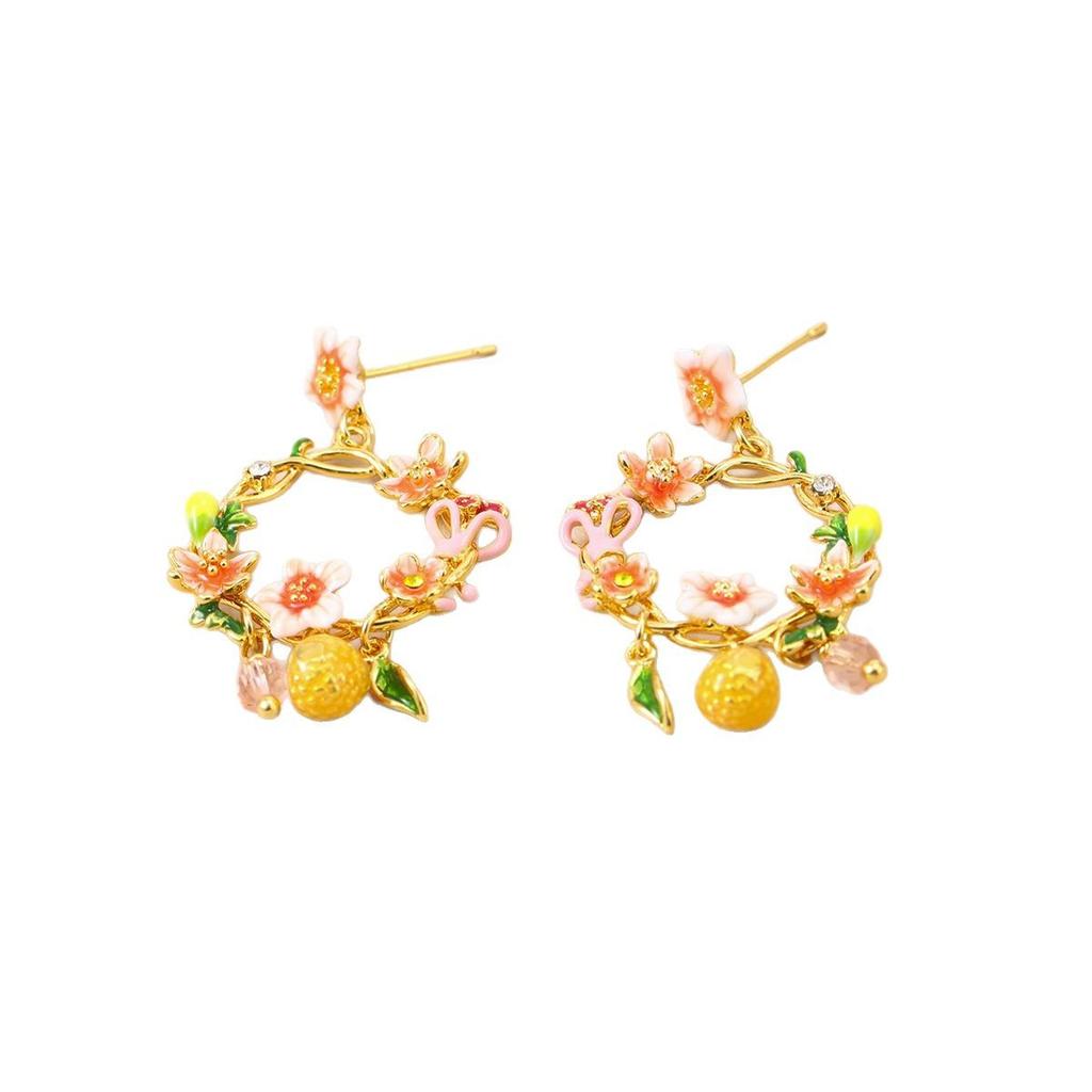 Fashion Enamel Colored Wreath Exquisite Flower Earrings Dripping Oil Color Sweet Spring and Summer Butterfly Temperament Silver Needle Earrings