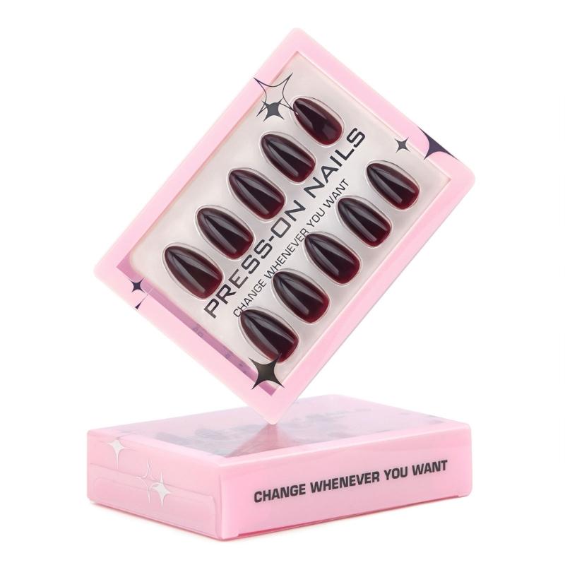 Short Almond Press on Nail,30Pcs Wine Reds Fake Nail in 15 Sizes Glossy False Nail Acrylic Stick on Nail for Women