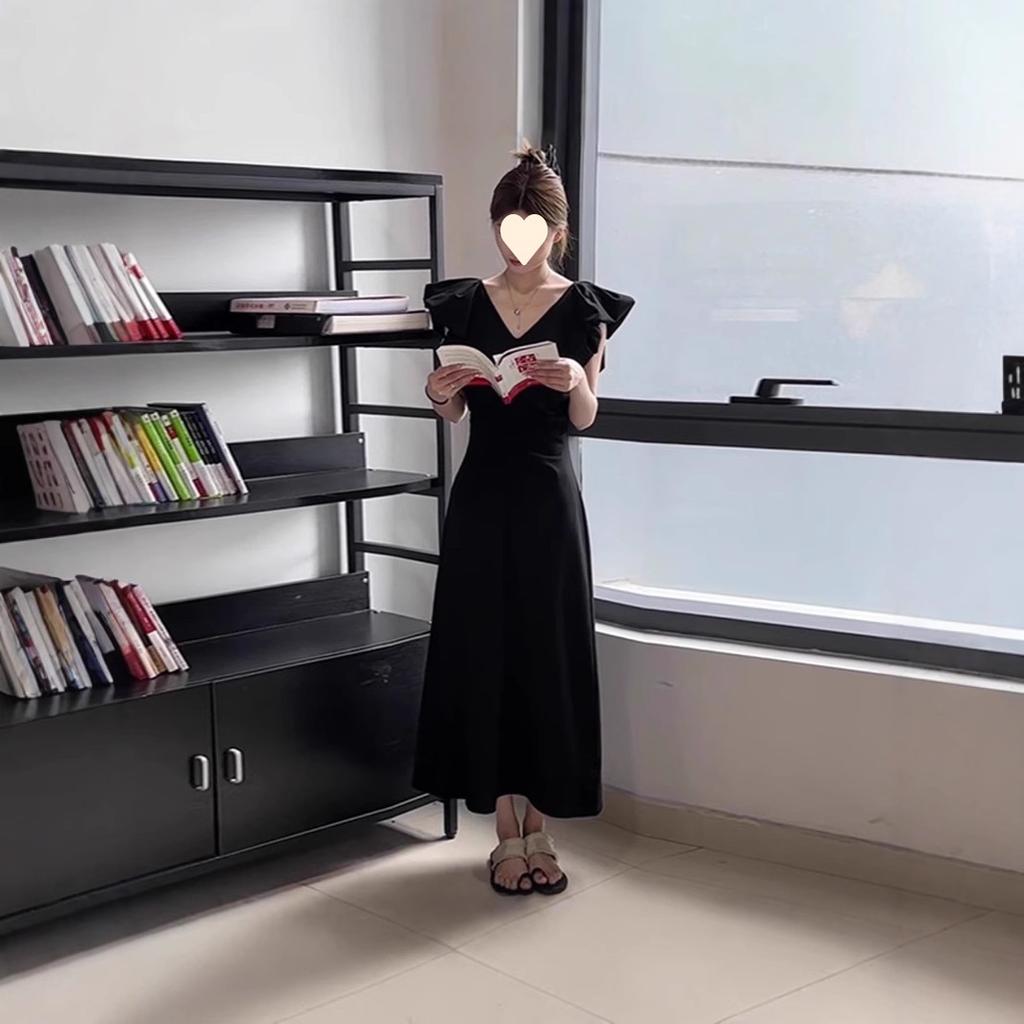 Black V-neck Small Flying Sleeve Dress for Children's Summer New Waist Temperament Dress