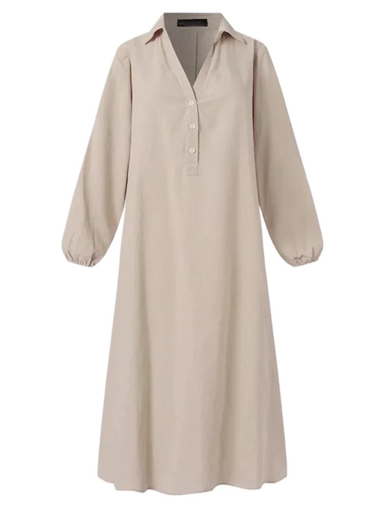 Μόδα Βαμβάκι και Κάνναβη Μακρύ Casual Μονόχρωμο Φόρεμα Λαιμόκοψη V Κομψή Ημιανοιχτή Μπροστινή Γυναικεία Μακρυμάνικη Ρόμπα