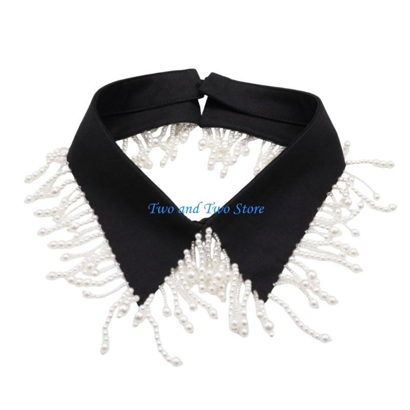 HX6F Fringed Pearls Decors Faux Collar Decorative Collar Neck Accessory Comfortable Point Collar For Women Daily Wear Party