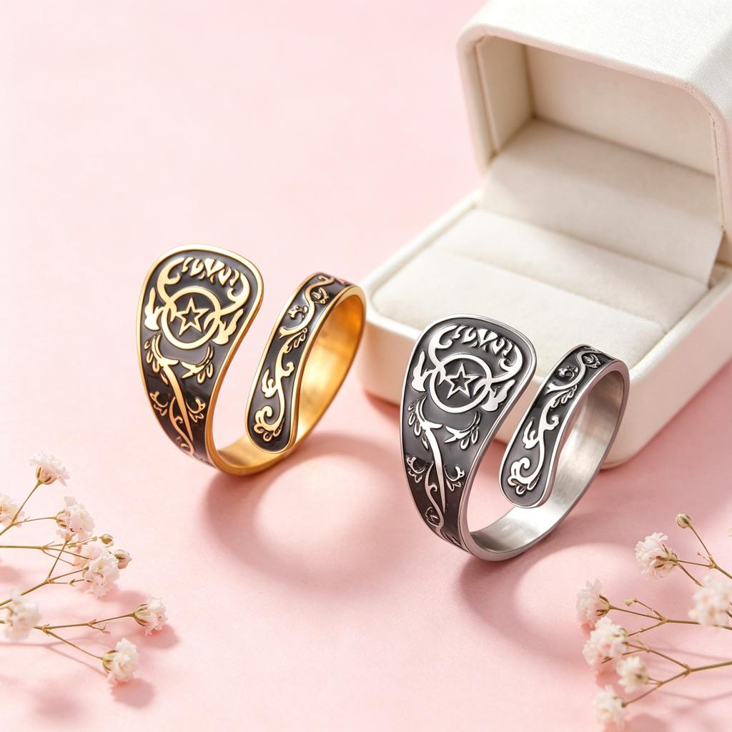 Handsome Retro Pentagram Open Ring Stainless Steel Open Ring Star Spoon Shaped Good Luck Symbol Ring Men's and Women's Jewelry