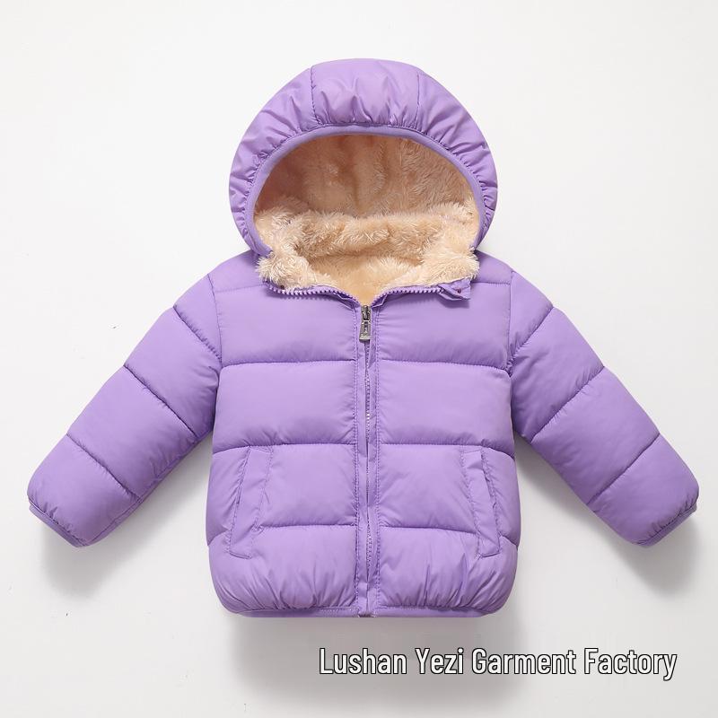 2026 Kids' Hooded Plaid Fleece-Lined Down Jacket for Boys & Girls, Warm Cotton Outerwear for Baby, Autumn & Winter.