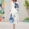 Women Plus Size V Neck Long Sleeve Black Multicolor Printed A Line Midi Dress With Pockets
