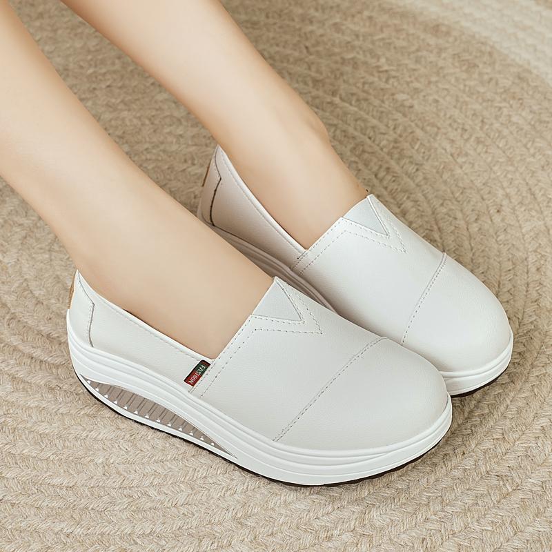 Women Platform Loafers Students Casual Black Leather Elevator Shoes Thick Sole Height Increase White Sneakers