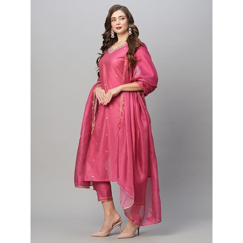 GoSriKi Women s Cotton Blend Kurta with Pant & Dupatta (BAGICHA-Rani-GS_Pink_Small) L розовый