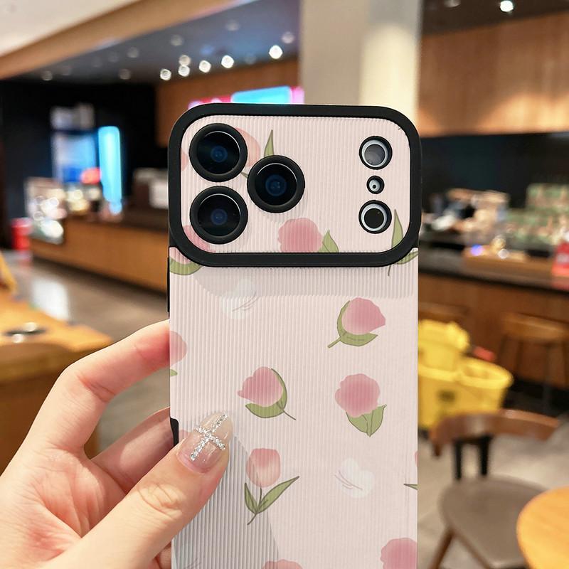 Pink Flowers Floral Printed Vertical Grain Leather Soft Silicone Phone Case Back Cover with Camera Lens Full Protection for iPhone 17