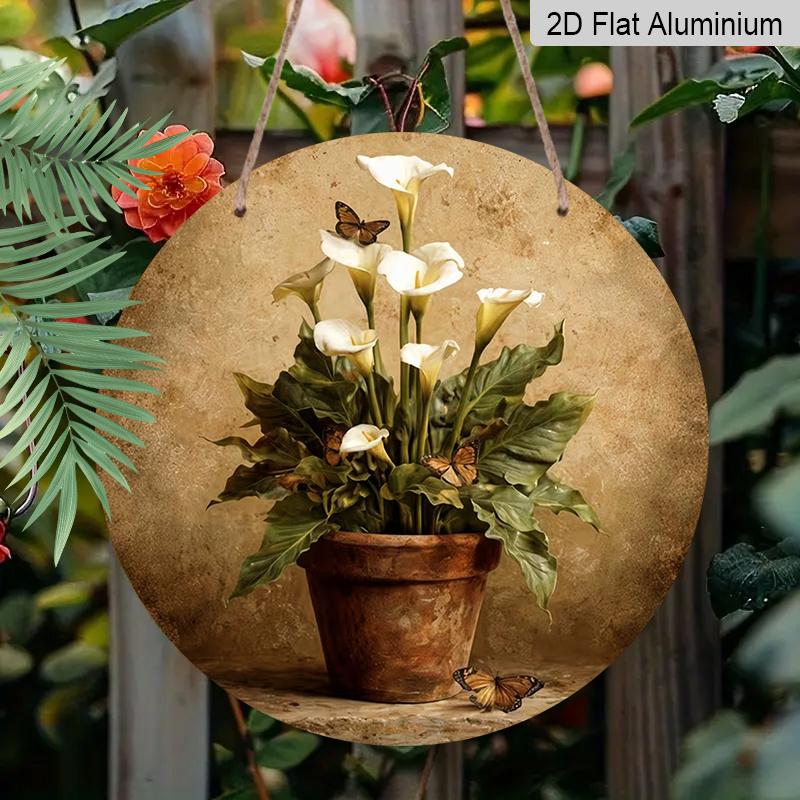 

2D Flat Aluminum 7.87 Inches X 7.87 Inches Calla Lily and Butterfly Wall Art Rustic Style Perfect for Gardens, Farmhouses, Cafes, Living Rooms 1pc