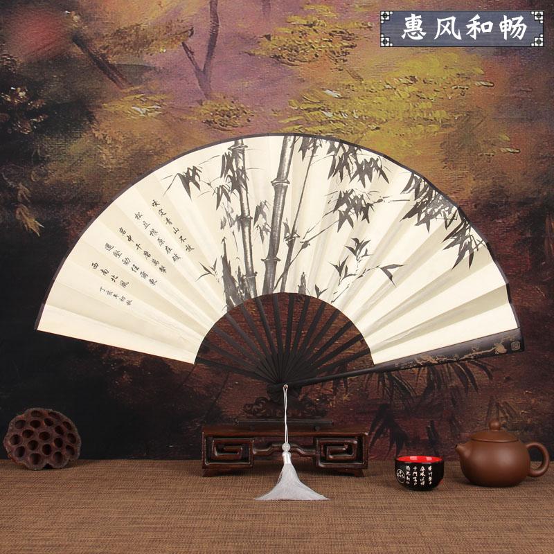 Retro style men's big folding fan with fan tassel Portable daily decorative hand fan Laser engraving fan bone Durable hand fan