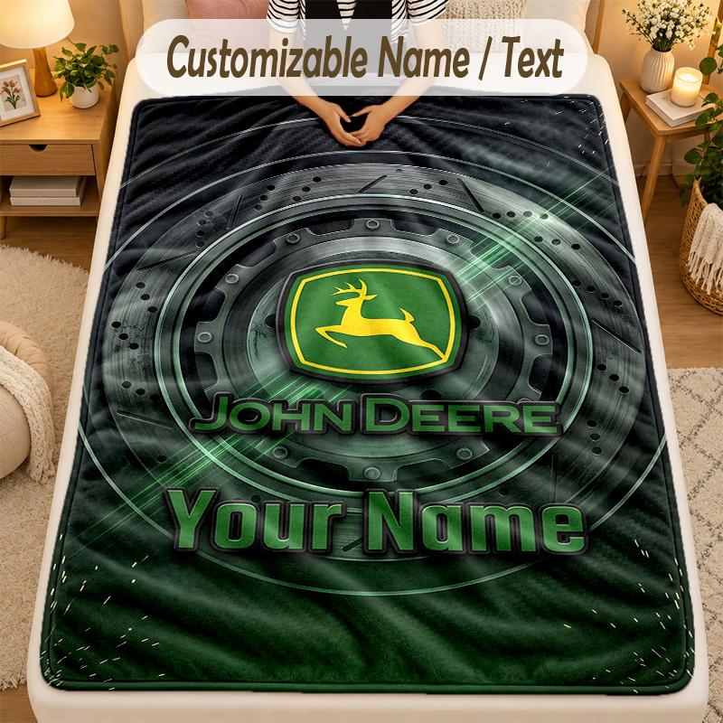 Flannel BlanketJohn Deere Custom Name Text Personalized Soft Warm Throw Blanket Home Decor Gift