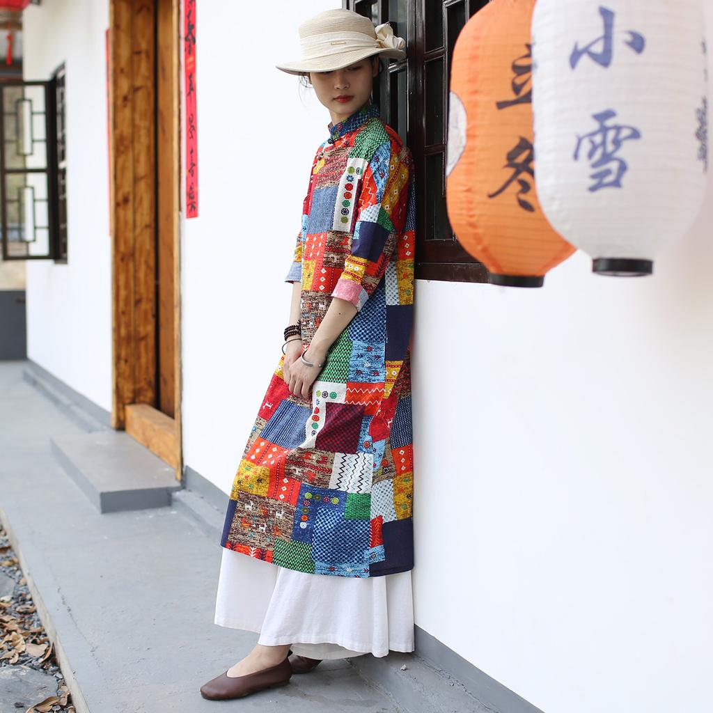 Johnature Women Vintage Patchwork Color Dress Stand Long Sleeve Spring A-Line Plaid Dresses