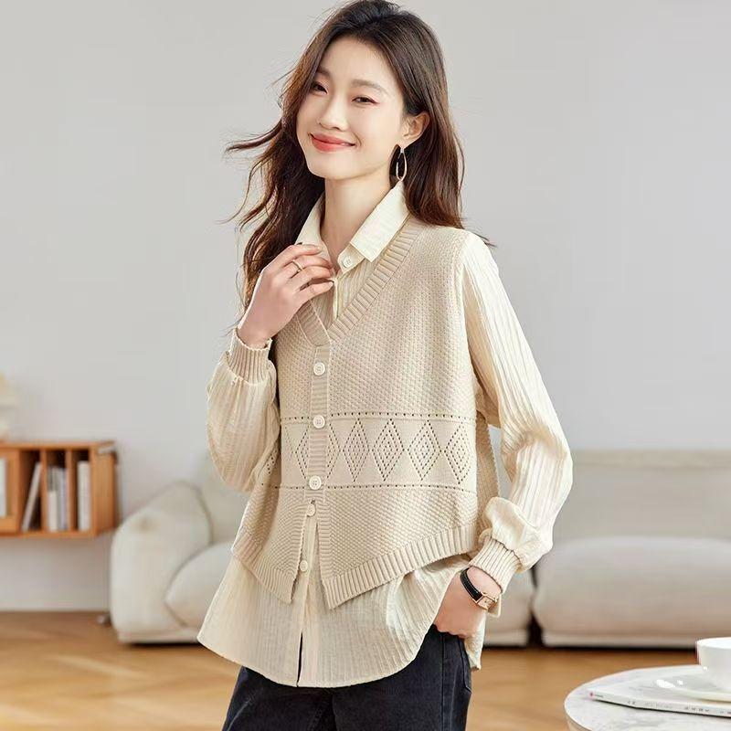 Women Fake Two Piece Knit Cardigan With Shirt Collar