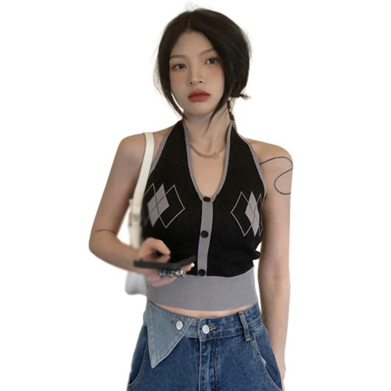 Women's Camisole Sleeveless Tank Top Lightweight Crop Top Halterneck Sexy Knitted Camis Casual Base Shirt