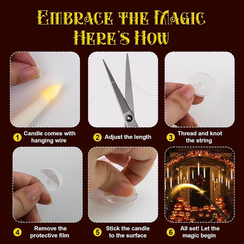 Halloween Decorations - Floating Candles with Wand - 20 Pcs Magic Hanging Flameless Floating LED Candles with Wand Remote - Decor for Indoor Outdoor