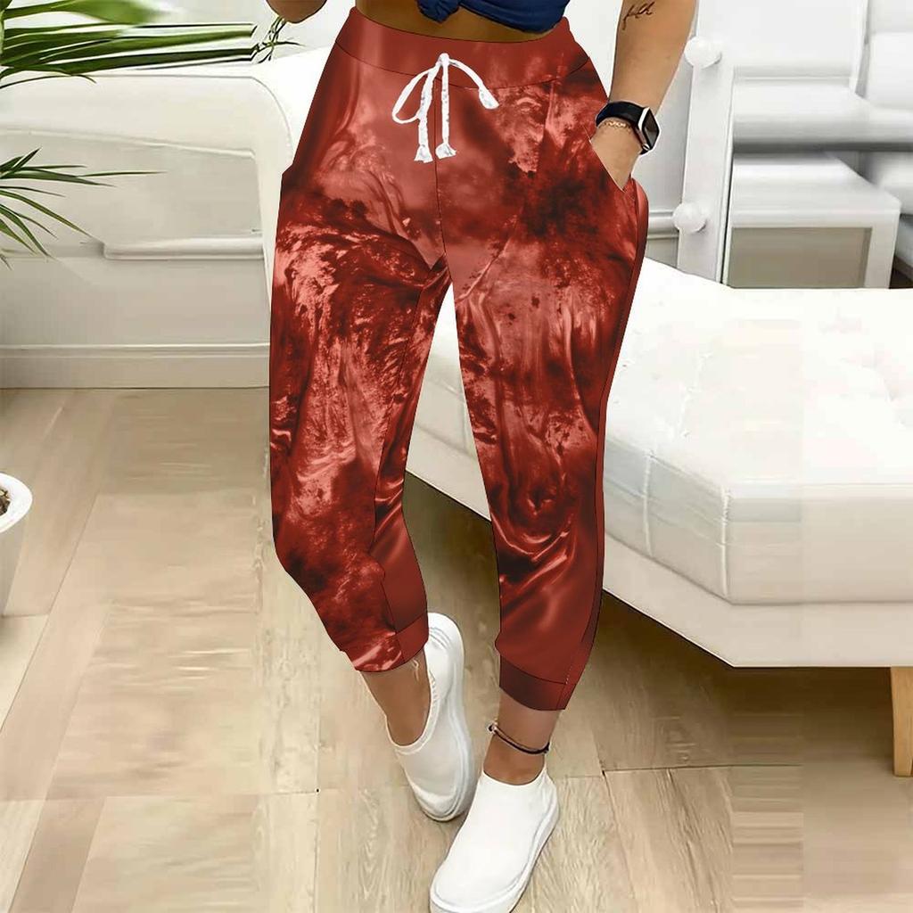 Letnie damskie spodnie dresowe z nadrukiem tie-dye w rozpryskach tuszu, luźny krój, ze sznurkiem, ściągacze, elastyczny mankiet, codzienne spodnie