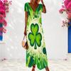 Women Plus Size V Neck Short Sleeve Dark Green Clover Printed Long Dress