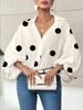 Women's Polka Dot V Neck Oversized Blouse Puff Long Sleeve Loose Shirt