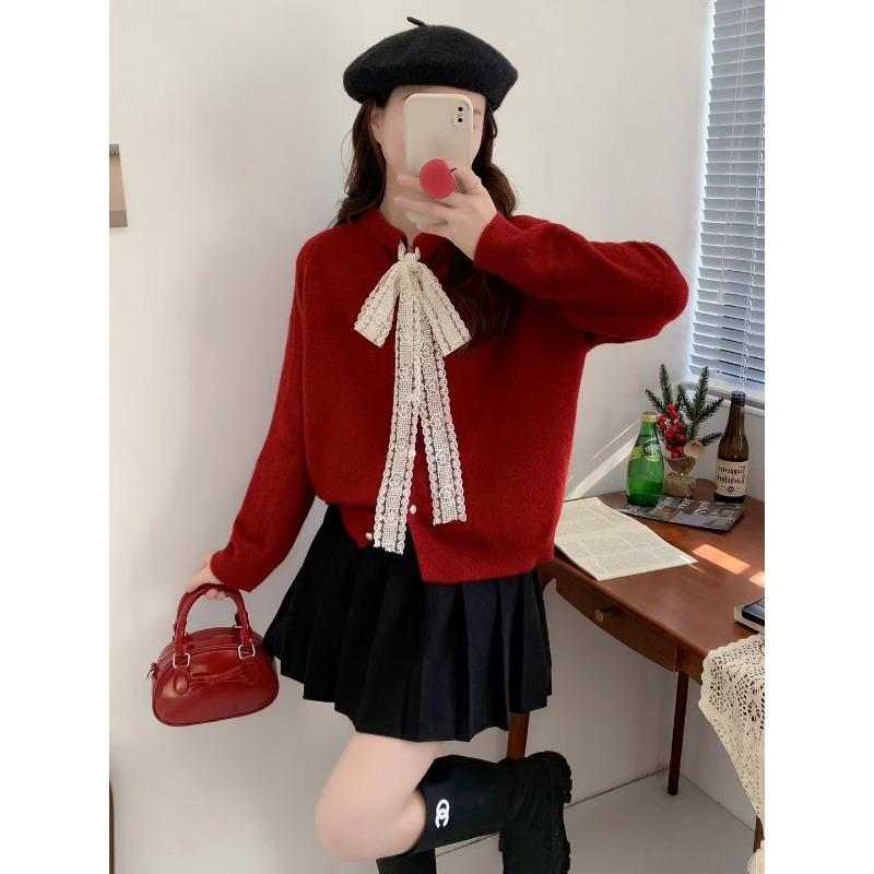 Gentle Wind Lace Lace-up Crew Neck Knitted Cardigan Top Women's Spring and Autumn New Loose Sweet Age-reducing Sweater Jacket