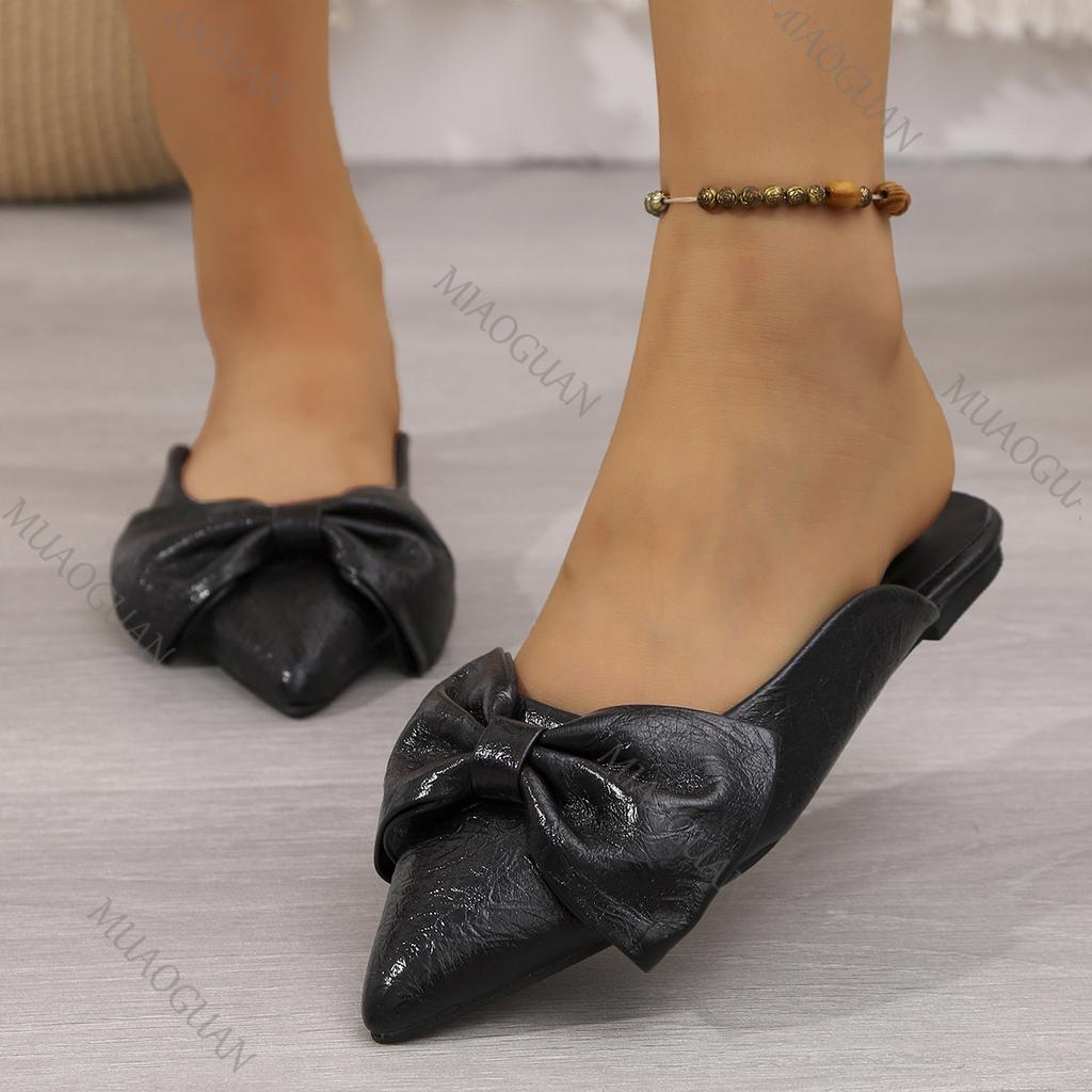 Fashion Pointed Toe Shallow Mouth Flat Half Slippers Fashion New Outside Wear Bow Summer Baotou Soft-soled Mules Slipper Casual Shoes