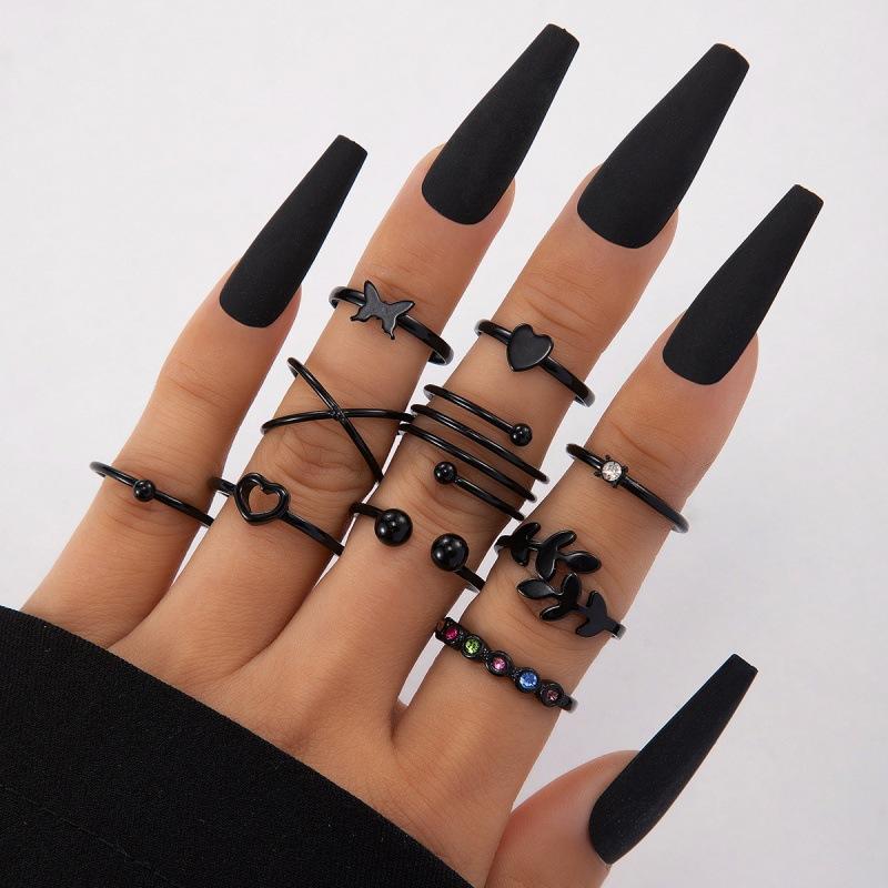 Black Love Butterfly Diamond Ring Set, Spiral Retro Ten-piece Ring Set