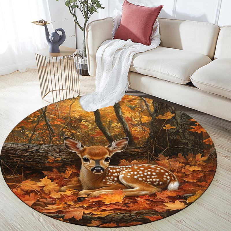 Autumnal Fawn Round Area Rug,Carpet Rug for Living Room Bedroom Sofa Playroom Decor,Non-slip Floor Mat