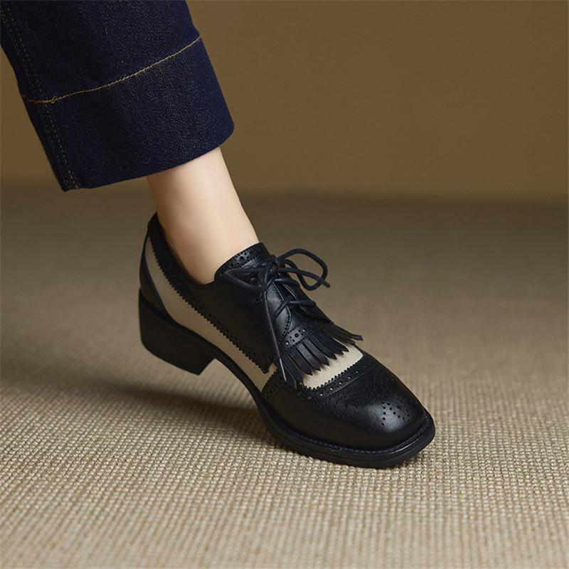 Fashion New Spring/autumn Cow Leather Women Shoes Round Toe Loafers Shoes for Women Fashion Mixed Color Women Pumps Lace-up Chunky Heels