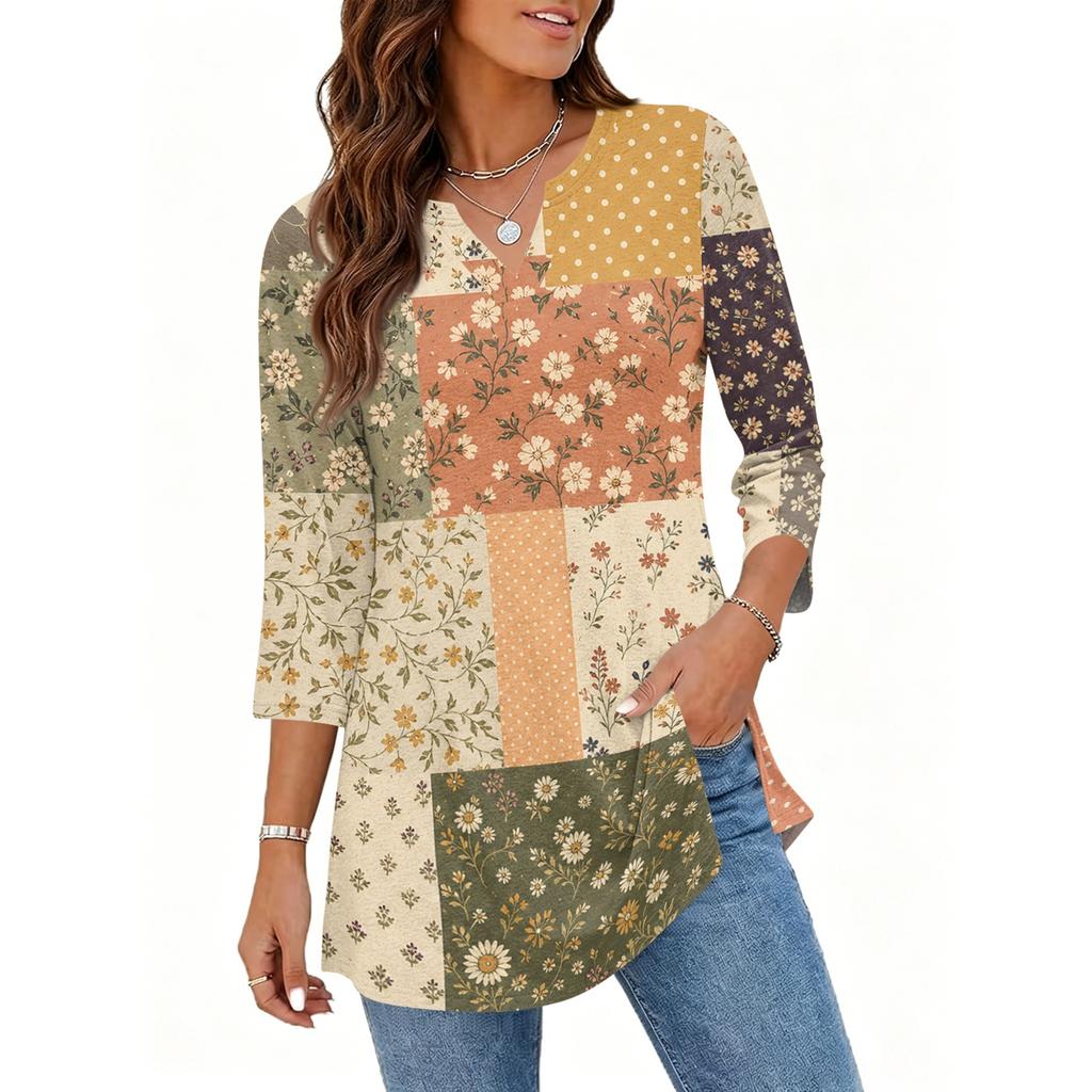 Womens Casual V Neck 34 Sleeve Pullover Tunic Top Floral Print Loose Fit Mid Length Blouse for Daily Wear