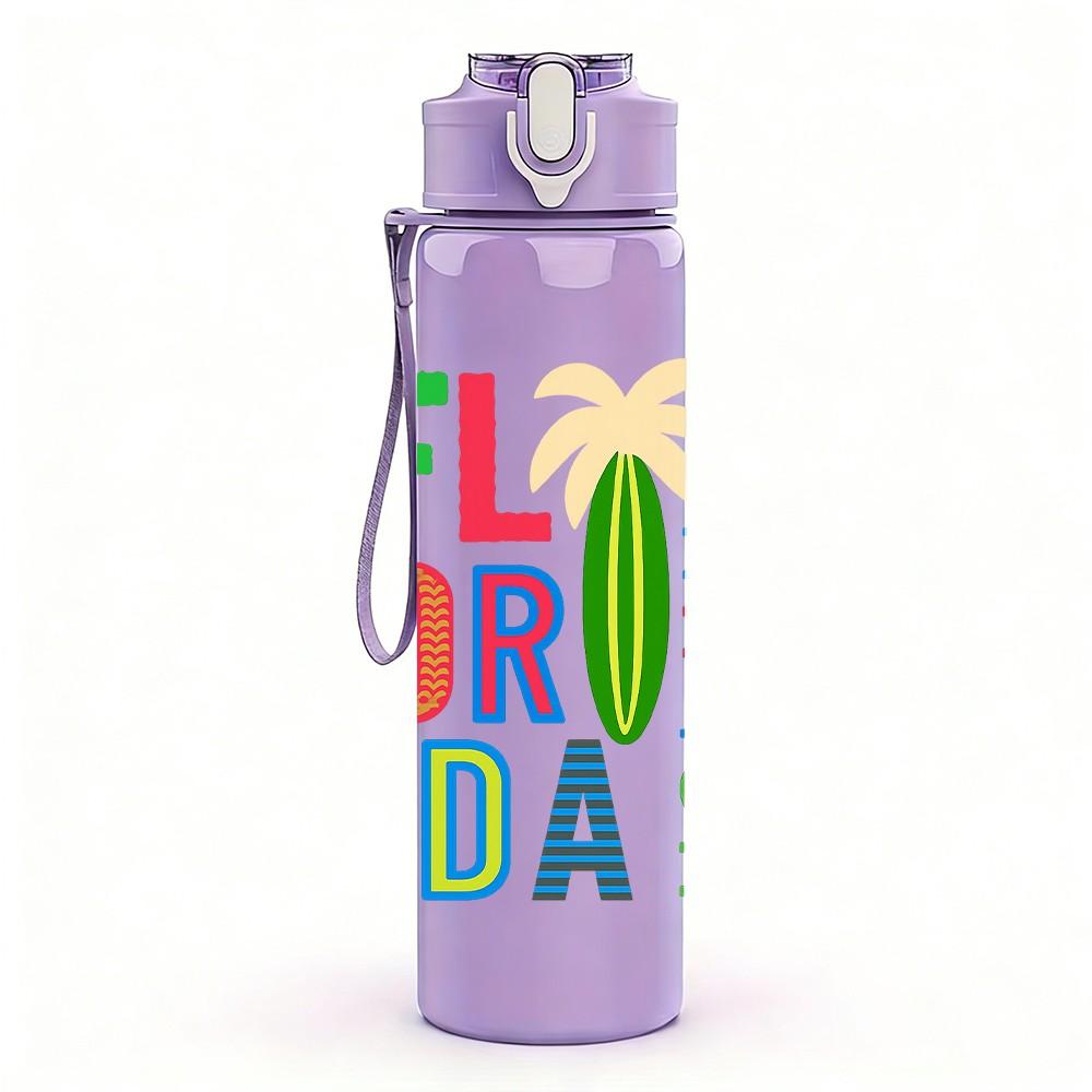 1PC Florida Beach Letter 750ml Color Plastic Sports Water Bottle Leakproof Flip Straw Lid Suitable for Sports Office Home Use