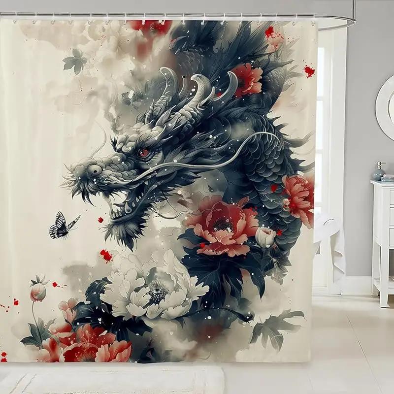 Elegant Oriental Dragon & Floral Bath Curtain - High-Quality Waterproof, Mildew-Proof Bathroom Decor, Traditional Artistry Touch