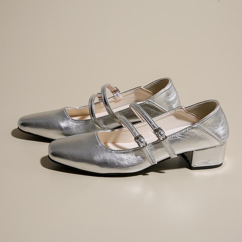 

Туфли Мэри Джейн с квадратным носком Женские сандалии на низком каблуке Женские тапочки из мягкой кожи Летний тренд Платье Массивные туфли Лодочки Mujer 35 серебряный