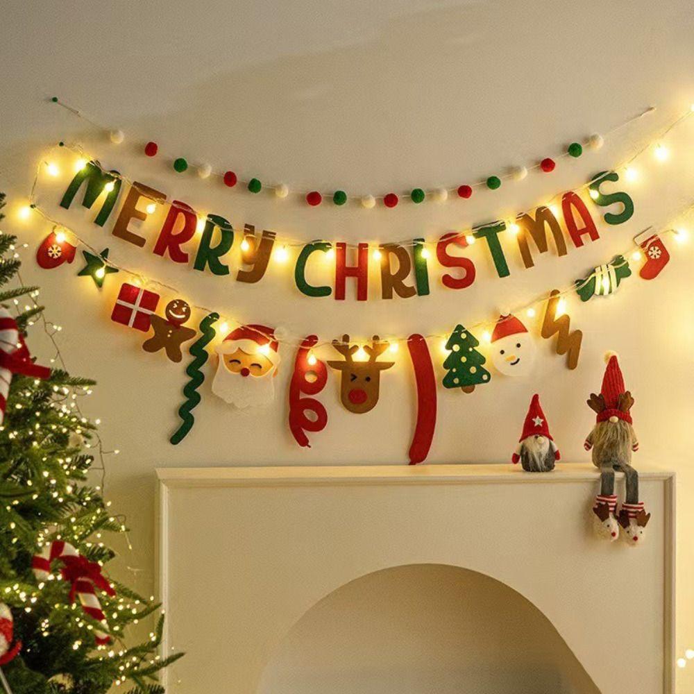 Seasonal Decor Felt Christmas Banner Decorated Furry Balls LED String Light DIY Handmade Christmas Pendant Hanging Decor