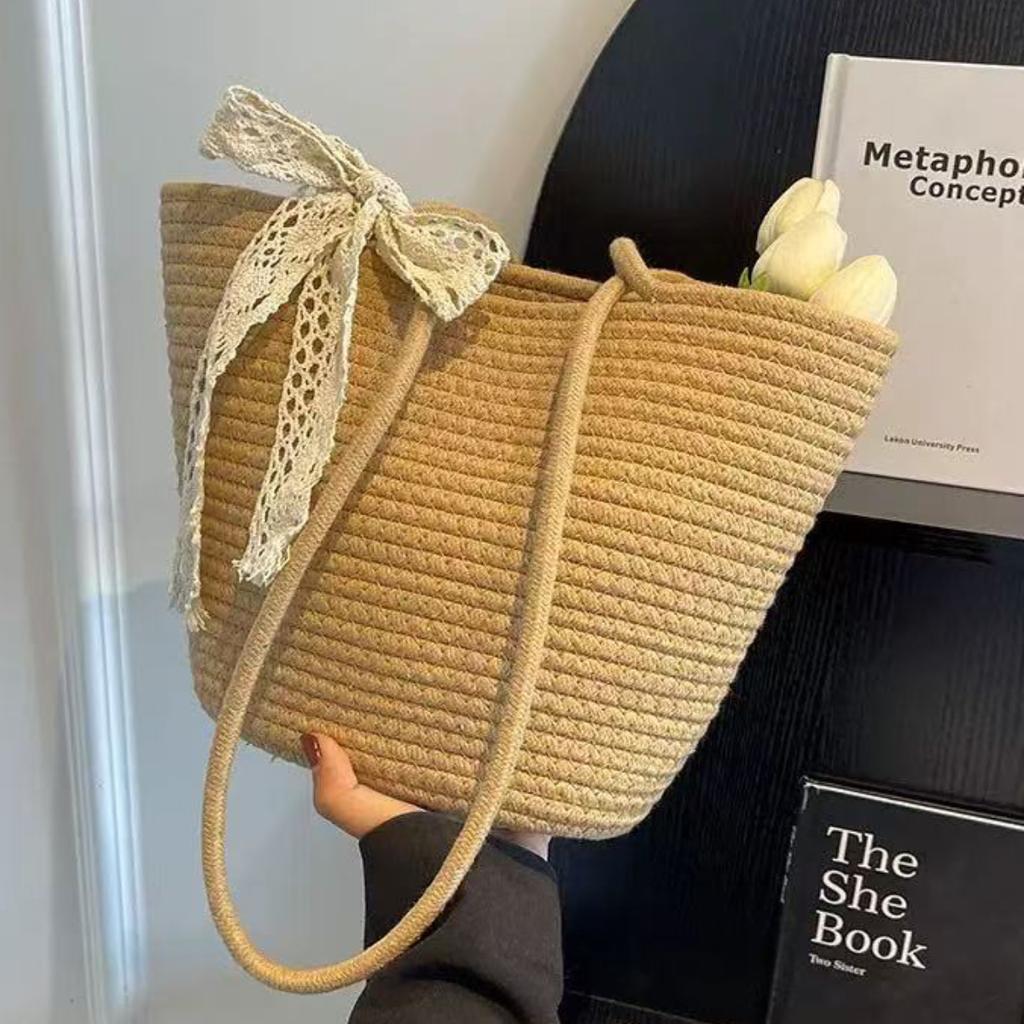 Gewebte Strohtasche für Damen, Großes Fassungsvermögen, Wolle und Baumwollgarn, Modische Herbst- und Winter-Vielseitige Umhängetasche, Strandtasche, Tragetasche