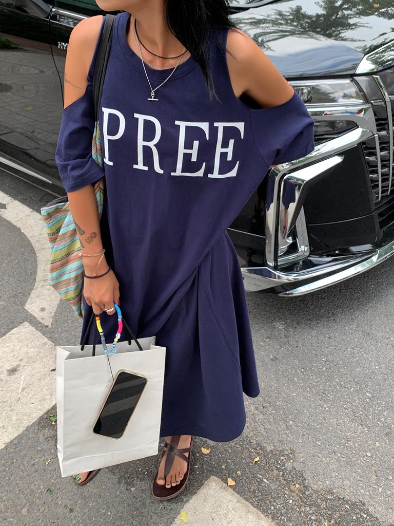 Plus Size Women's Summer Off-shoulder Loose Dress Letter Printing Casual Long T-Shirt Dresses