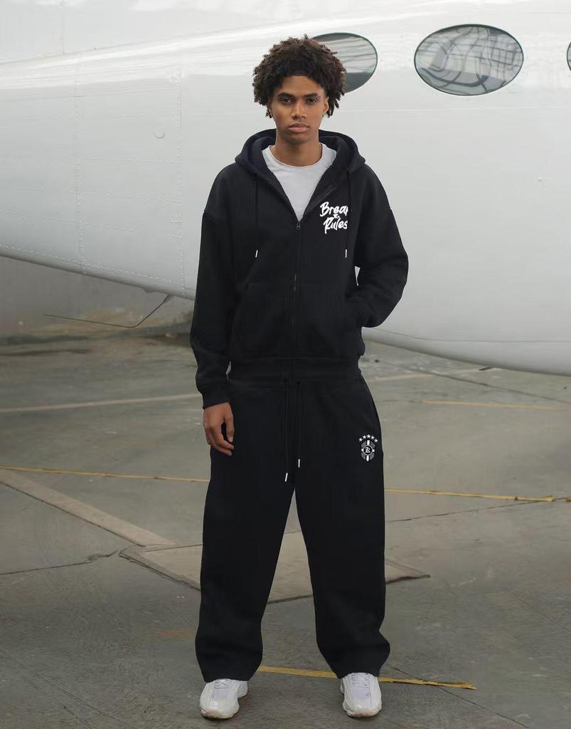 European American Trendy Street Style Graphic Zip-Up Hoodie & Casual Set