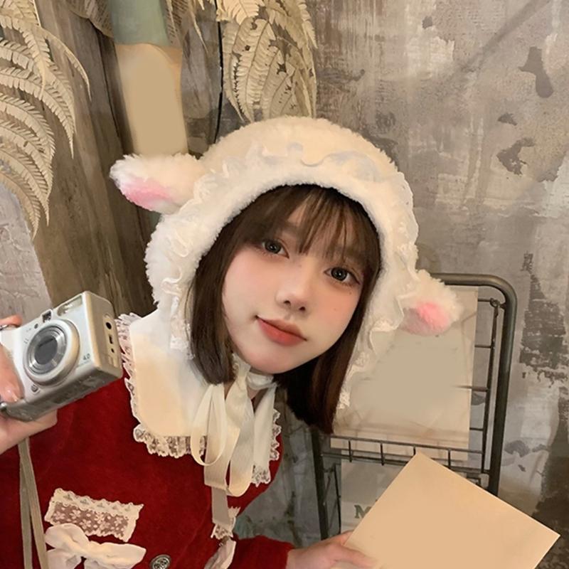 Furry Cartoon Head Cover with Ear for Outdoor Sports Furry Hat Bonnet Lamb Oversized Headgear Hat for Winter