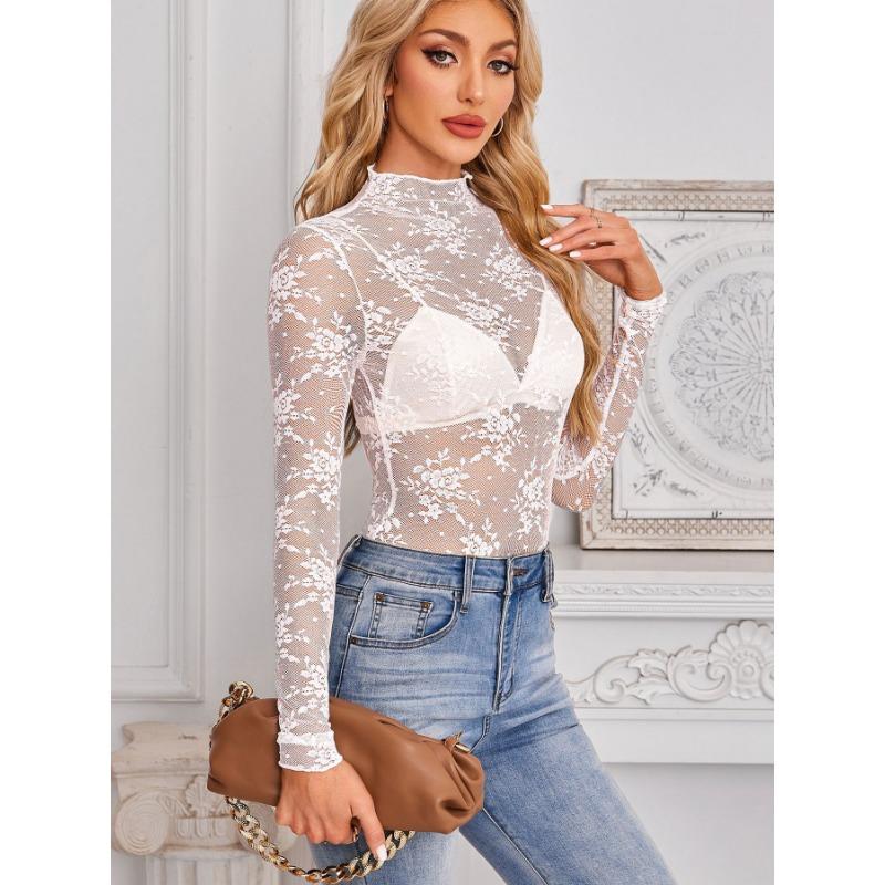 Dames Sheer Kant Mesh Lange Mouw Slim Fit Semi Hoge Hals Casual Basis Blouse