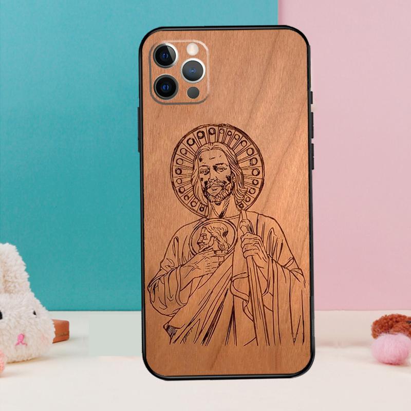 Guadalupe San Judas Wood Phone Case For iPhone 16 15 13 12 11 14 Pro Max 12 13 Mini XR 15 16 Plus 16e Cover Coque