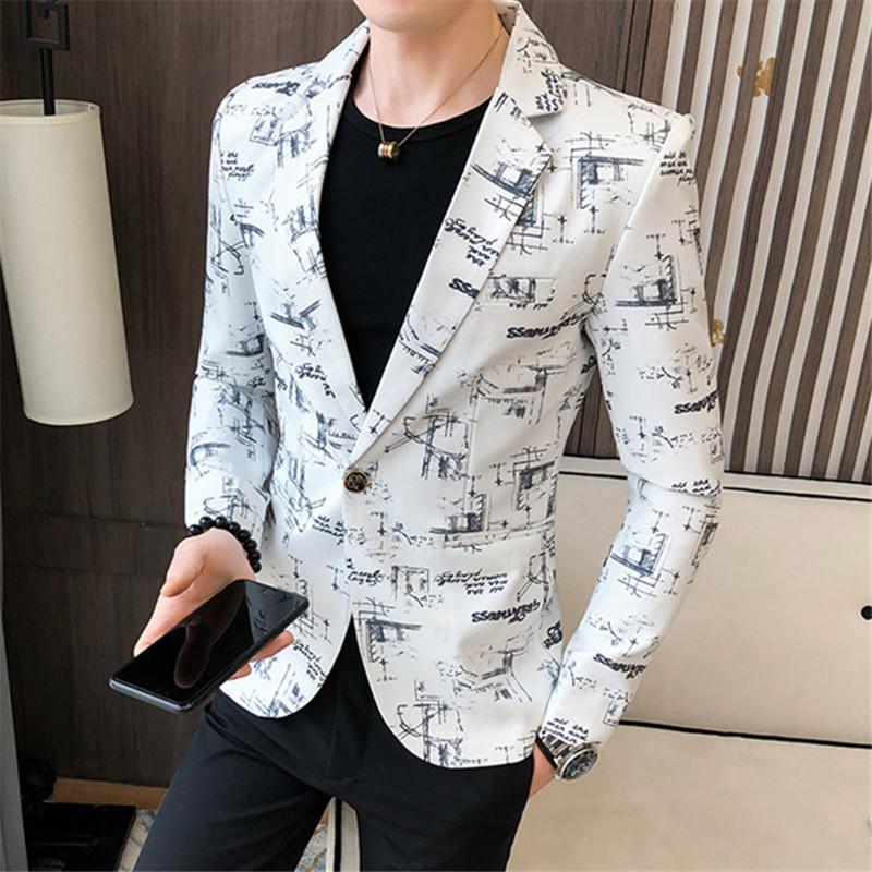 High Quality Men's Blazer Spring Fashion Men Korean Printed Slim Formal Wedding Party Prom Suit Jacket