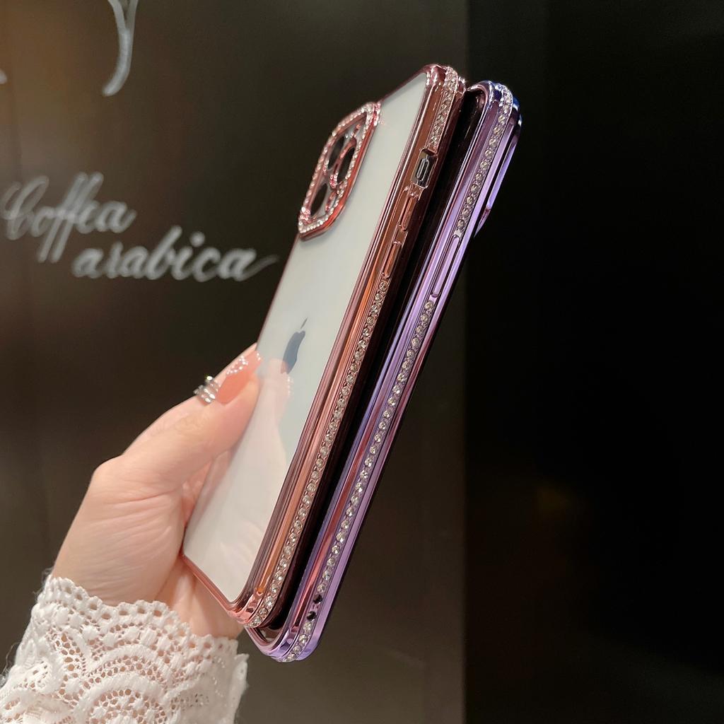 Suitable for IPhone16 Phone Case Electroplated with Full Diamond Lens, Creative Transparent TPU Soft Case 14 Protective Case for Apple 15