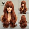 CharmSource Lange natürliche gewellte Perücke mit ordentlichem Pony/Fransen für Frauen, rosa Haar, synthetische Perücken, Cosplay, Party, hitzebeständige Faser