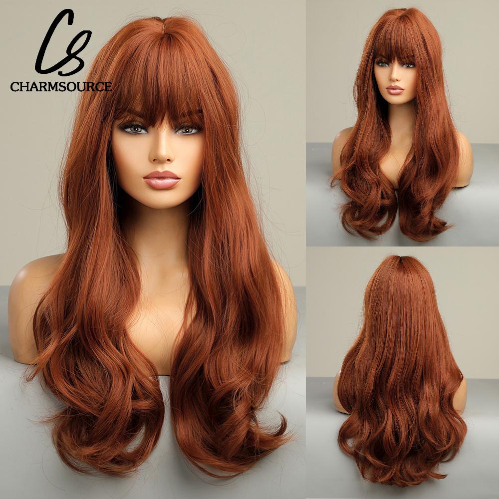 CharmSource Lange natürliche gewellte Perücke mit ordentlichem Pony/Fransen für Frauen, rosa Haar, synthetische Perücken, Cosplay, Party, hitzebeständige Faser