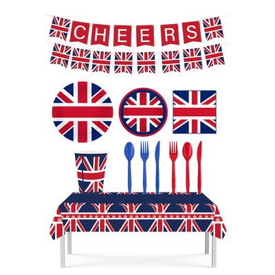Spot Unabhängigkeitstag Union Jack Thema Pappteller Servietten Tischdecken Banner Messer Gabeln Löffel Partydekorationen