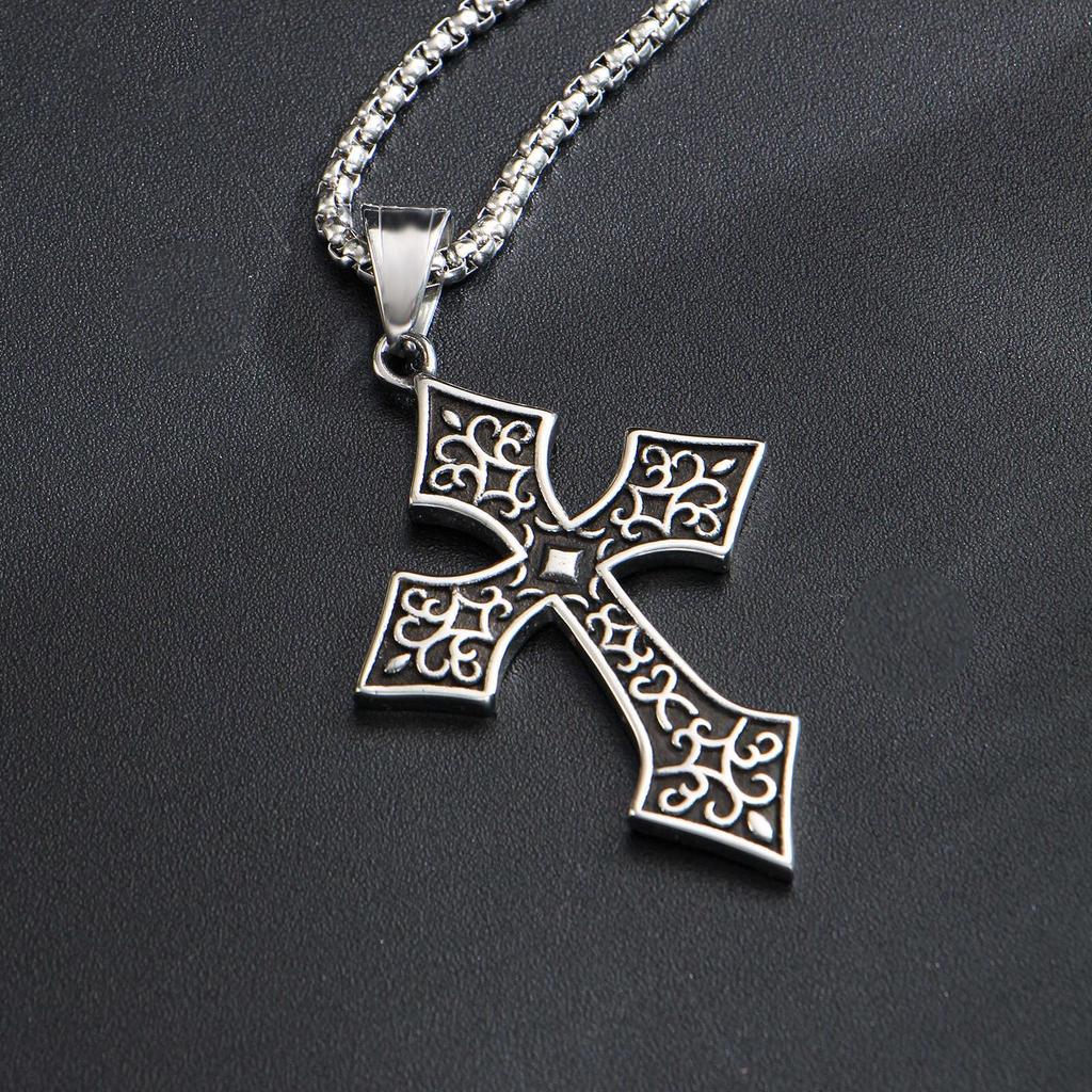 Men's Hip Hop Long Chain Necklace with Retro Distressed Floral Cross Pendant In Stainless Steel.