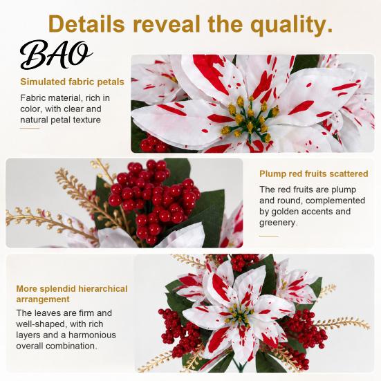 Vibrant Lush Fake Plant Decor 5/7/10/12 Heads Artificial Poinsettia Flowers, Christmas Floral Berry Centerpiece, Outdoor UV Resistant Greenery