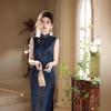 Navy blue new Chinese sleeveless Hong Kong style beautiful cheongsam 1011 summer new improved young high sense daily