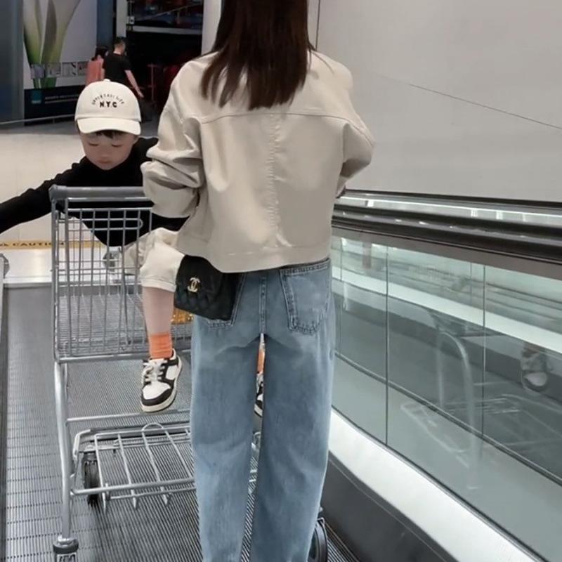 Frühlings- und Herbst-Lässige Kleine Lederjacke Damen Locker Schlank PU-Leder Motorradkleidung Mode Kurze Jacke