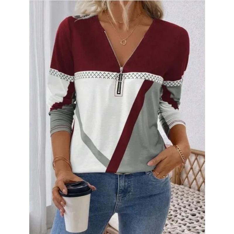 Elegantes Damenoberteil mit Reißverschluss und Print, langärmelig, stilvoll und vielseitig für Herbst und Winter, Freizeit- und Bürokleidung, maschinenwaschbar
