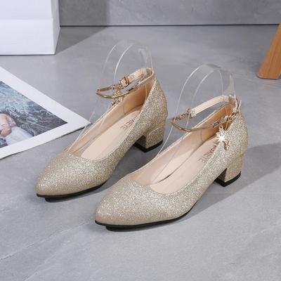 Frauen Hochzeit High Heel Schuhe Silber Schwarz 2024 Frühling Knöchelriemen Kristall Flacher klobiger Blockabsatz Pumps Lady Plus Size